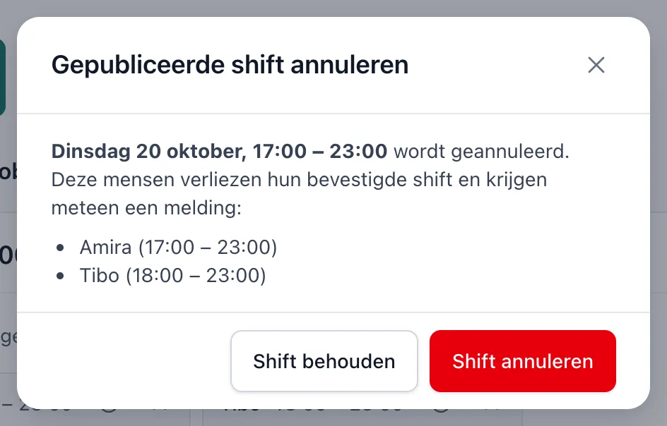 Het venster Gepubliceerde shift annuleren met de mensen die een melding krijgen