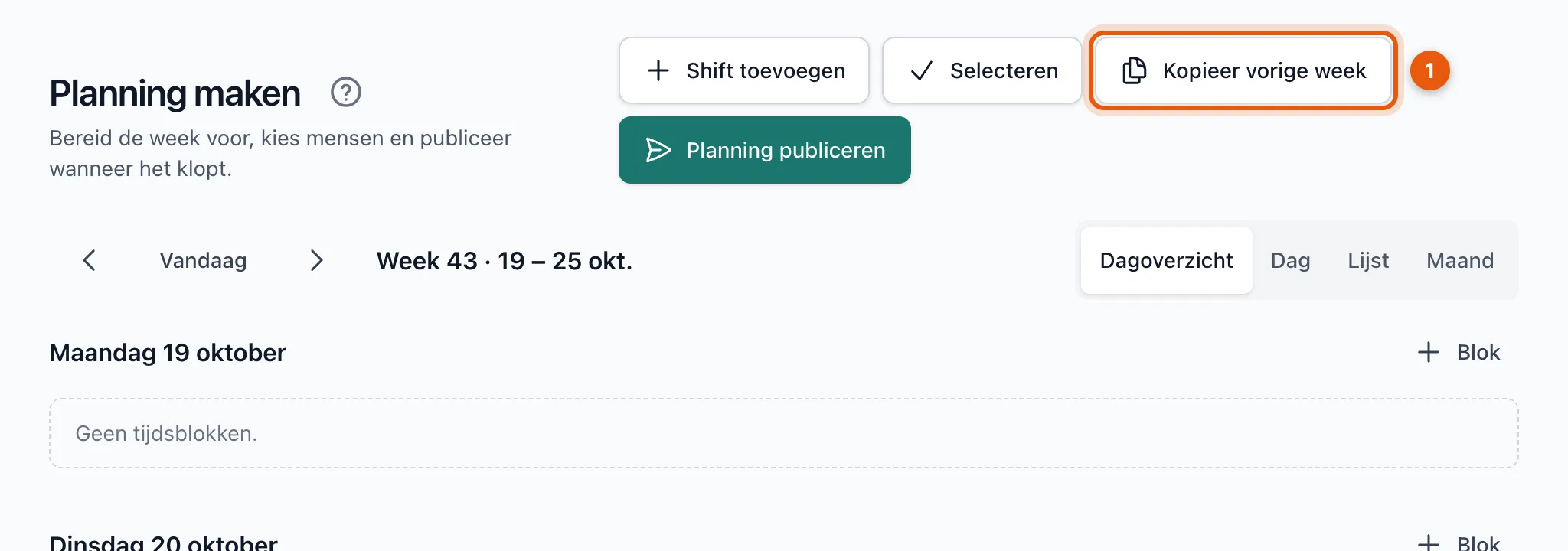 De knop Kopieer vorige week bovenaan de planning