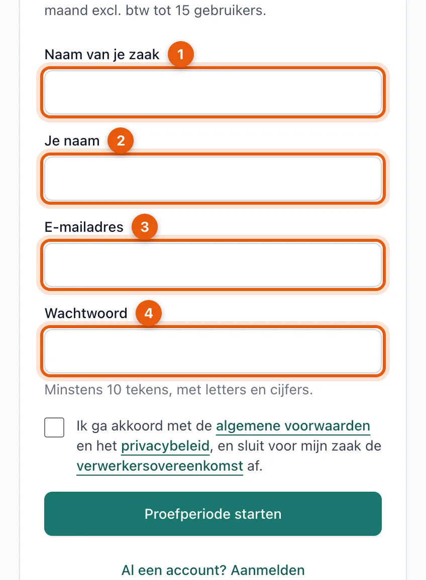 Het aanmeldformulier met de velden naam van je zaak, je naam, e-mailadres en wachtwoord