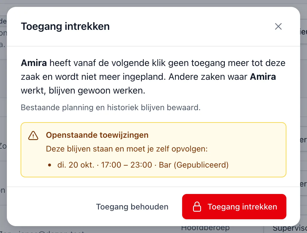 Het venster Toegang intrekken met uitleg over wat er gebeurt