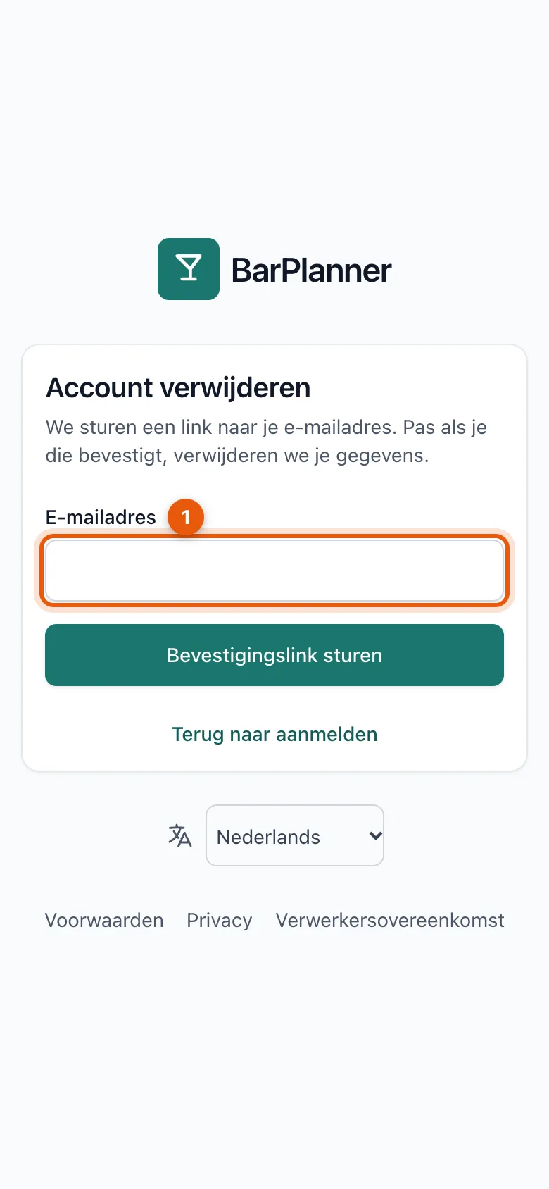 Het scherm Account verwijderen met het veld e-mailadres