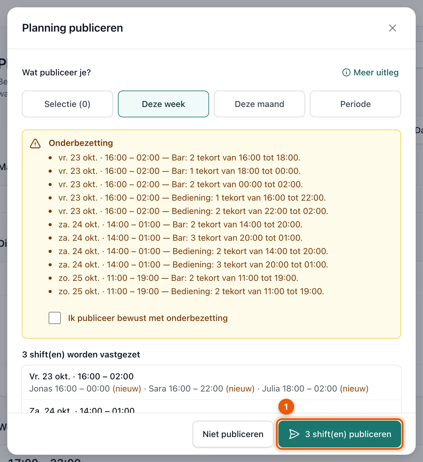 Het venster Planning publiceren met de wijzigingen en de knop om te publiceren