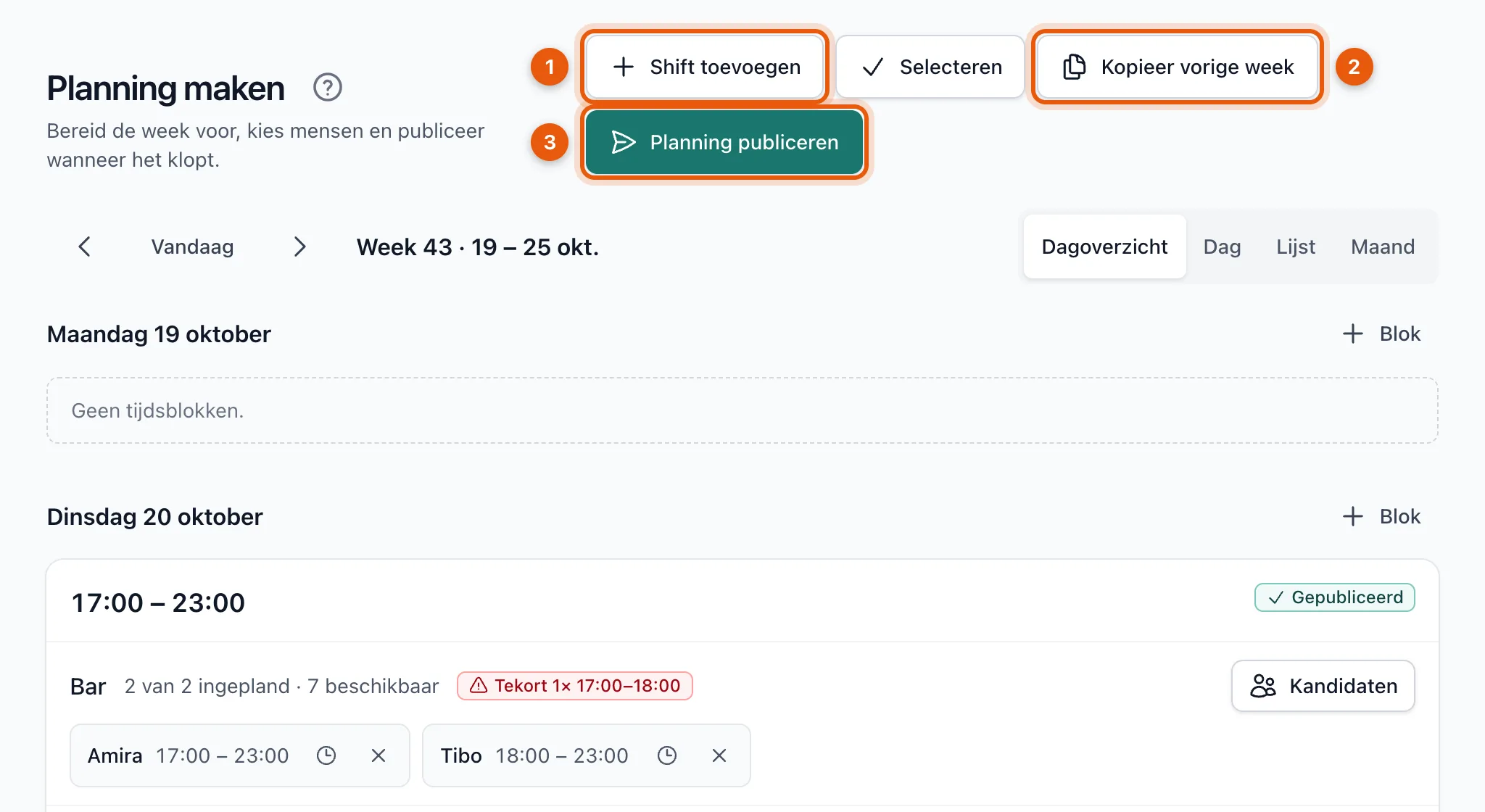 De weekplanning met de knoppen Shift toevoegen, Kopieer vorige week en Planning publiceren