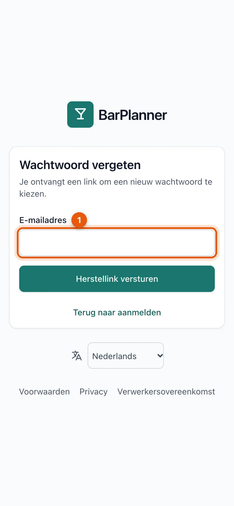 Het scherm Wachtwoord vergeten met het veld e-mailadres
