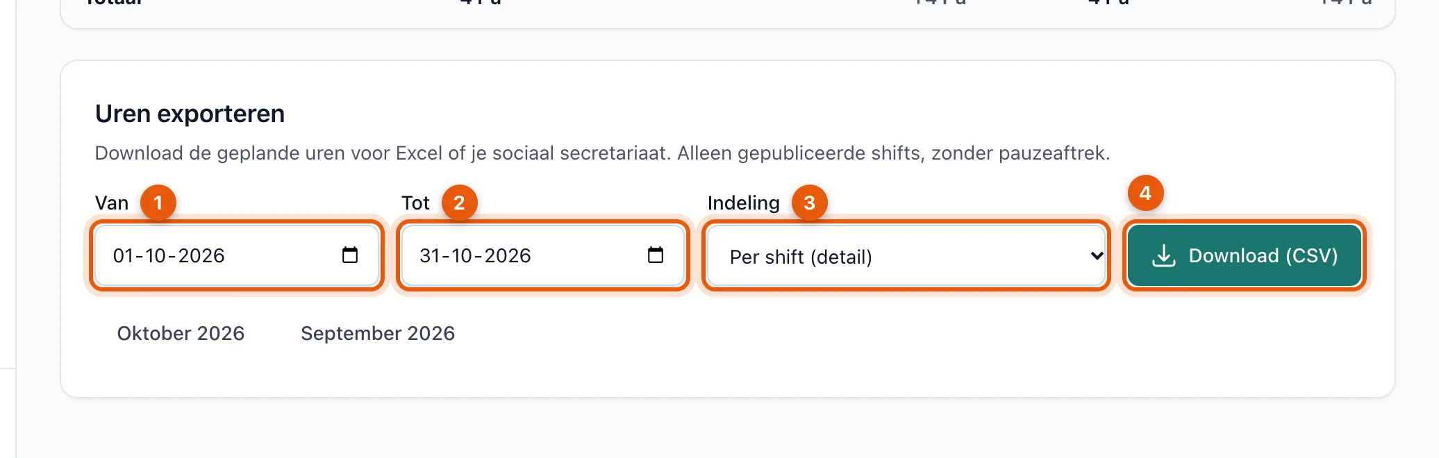 Het formulier Uren exporteren met van, tot, indeling en de knop Download