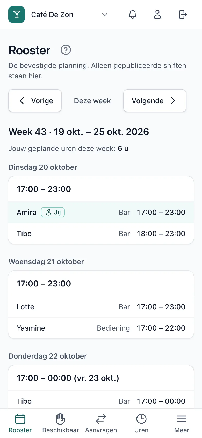 Het rooster op een gsm, met de shifts van de week