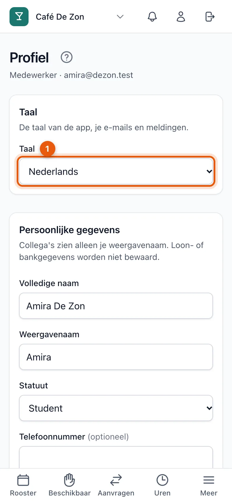 Het profiel op een gsm met de keuze van de taal