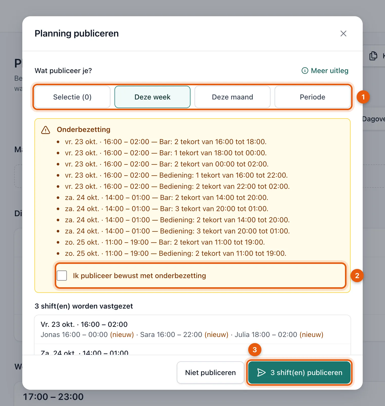Het venster Planning publiceren met de keuze wat je publiceert, de waarschuwing onderbezetting en de knop publiceren