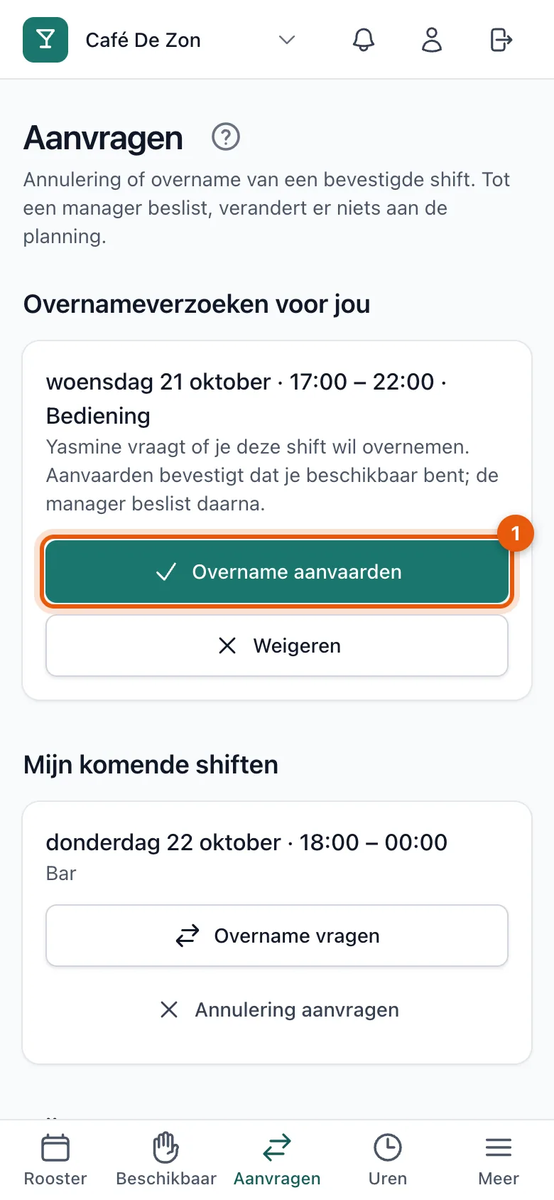 Een overnameverzoek met de knoppen Overname aanvaarden en Weigeren
