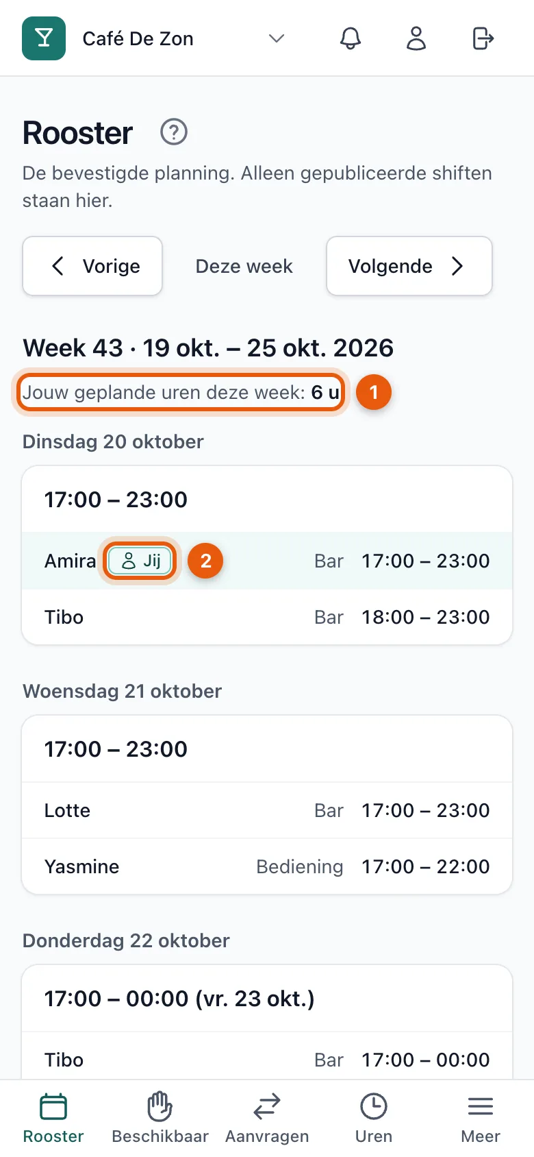 Het rooster op een gsm met de geplande uren van de week en het label Jij bij je eigen shift