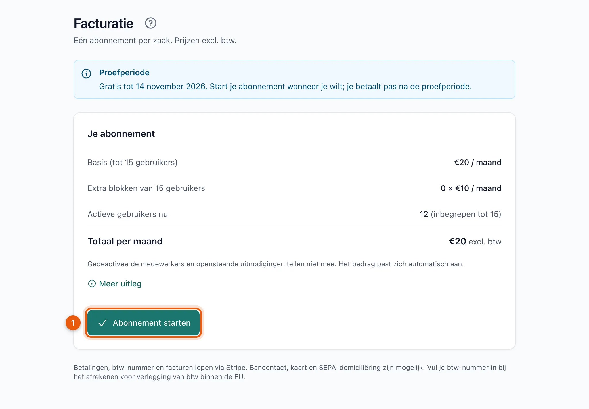 De knop Abonnement starten op de pagina Facturatie