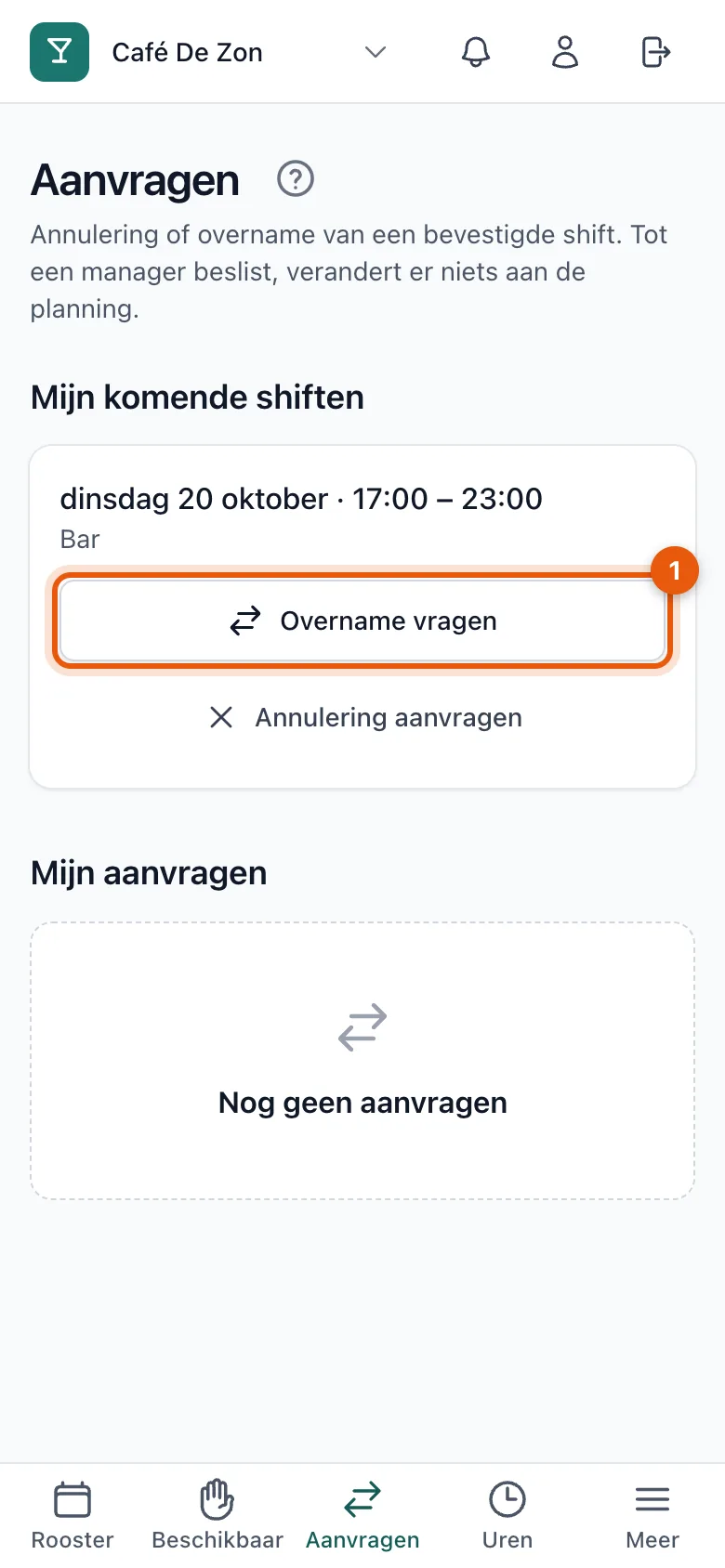 De lijst Mijn komende shiften met de knop Overname vragen