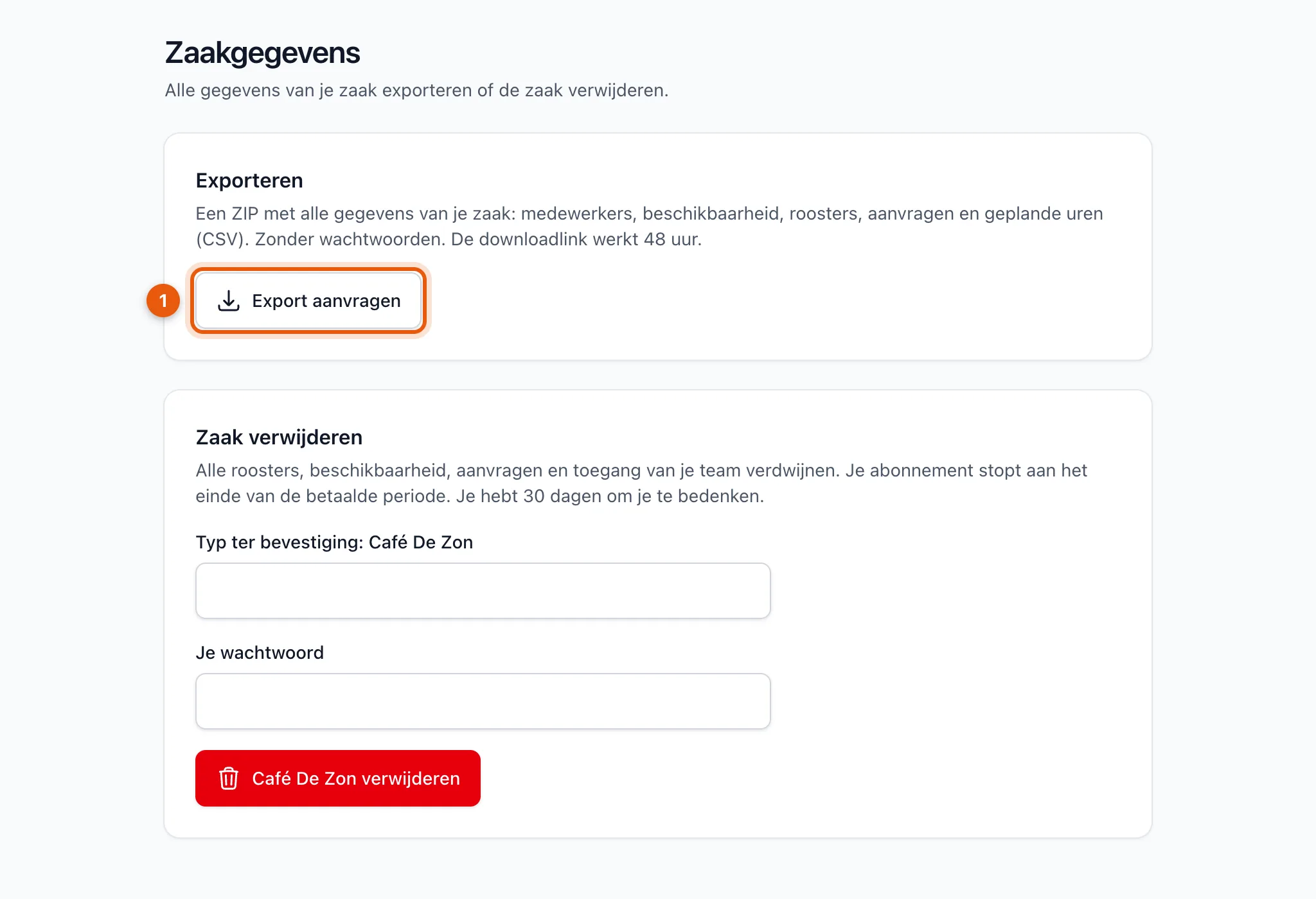 De pagina Zaakgegevens met de knop Export aanvragen